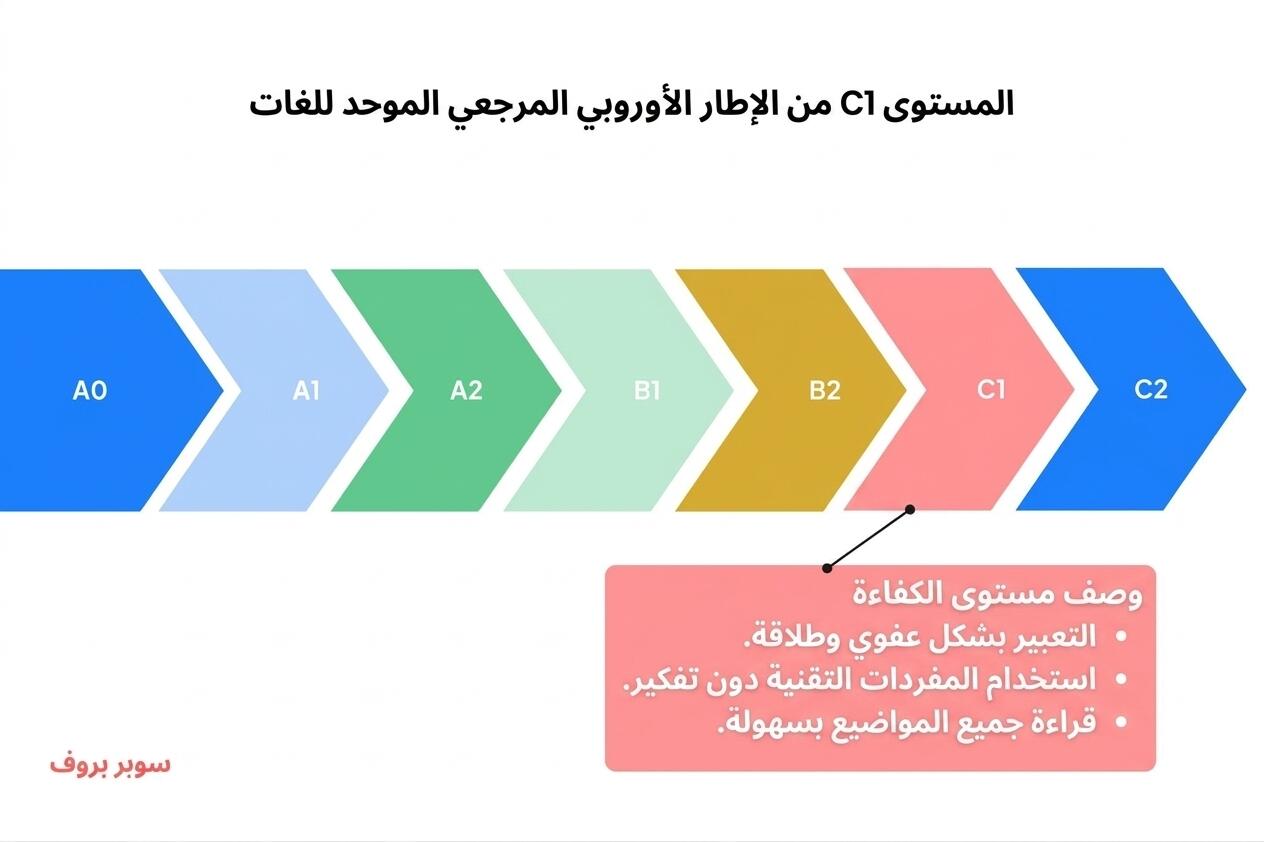 رسم بياني لمستويات اللغة (CECRL) باللغة العربية مع التركيز على مهارات المستوى C1.