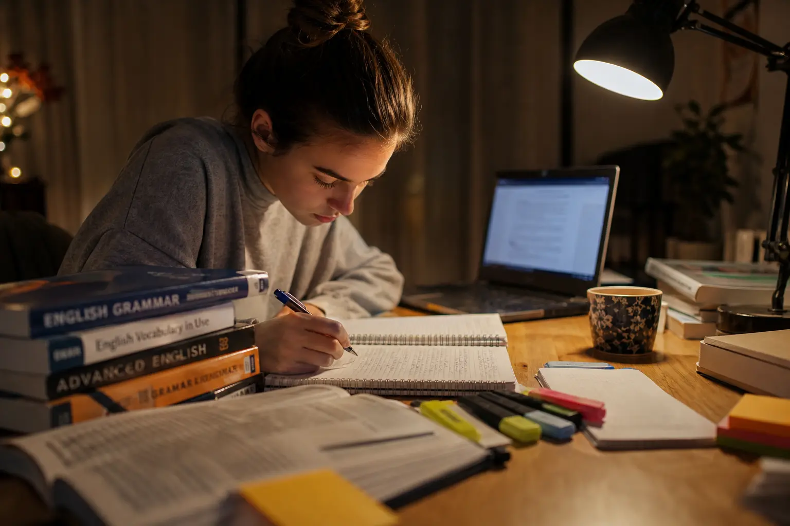 فتاة شابة تدرس بجد وتركيز للوصول إلى مستوى C2 في اللغة الإنجليزية، حيث تقوم بتدوين الملاحظات وسط كتب القواعد والمفردات المتقدمة .