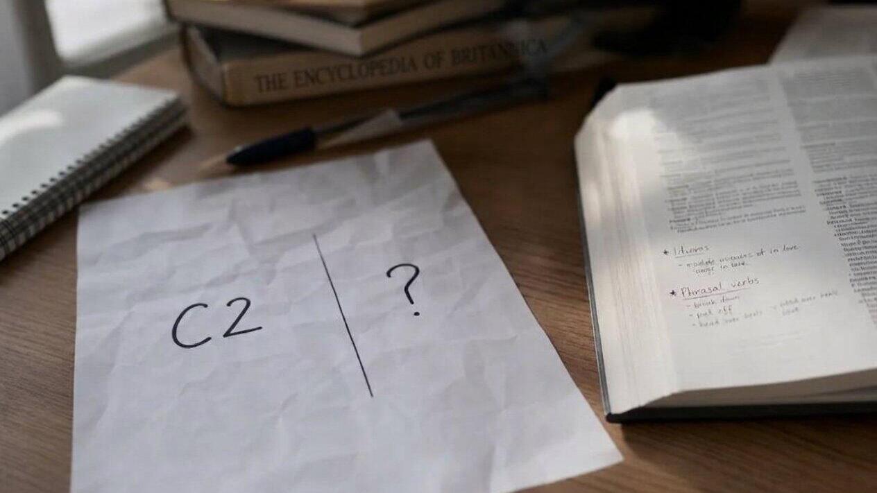 صورة تعبيرية تُبرز التساؤل حول ما يقع بعد مستوى C2 في اللغة الإنجليزية، حيث تظهر ورقة كُتب عليها
