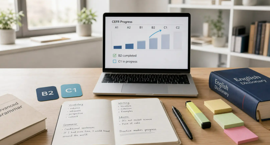 صورة لمكتب يضم حاسوبا محمولا يعرض رسما بيانيا للتطور في مستويات (CEFR) من B2 إلى C1.