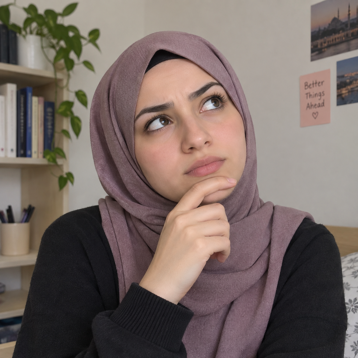 صورة لشابة محجبة تضع يدها على ذقنها بنظرة تفكير وتأمل.
