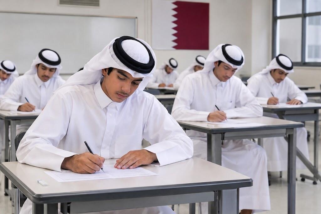 صورة لقاعة اختبار تضم طلابا قطريين يكتبون على أوراق الامتحان بتركيز.