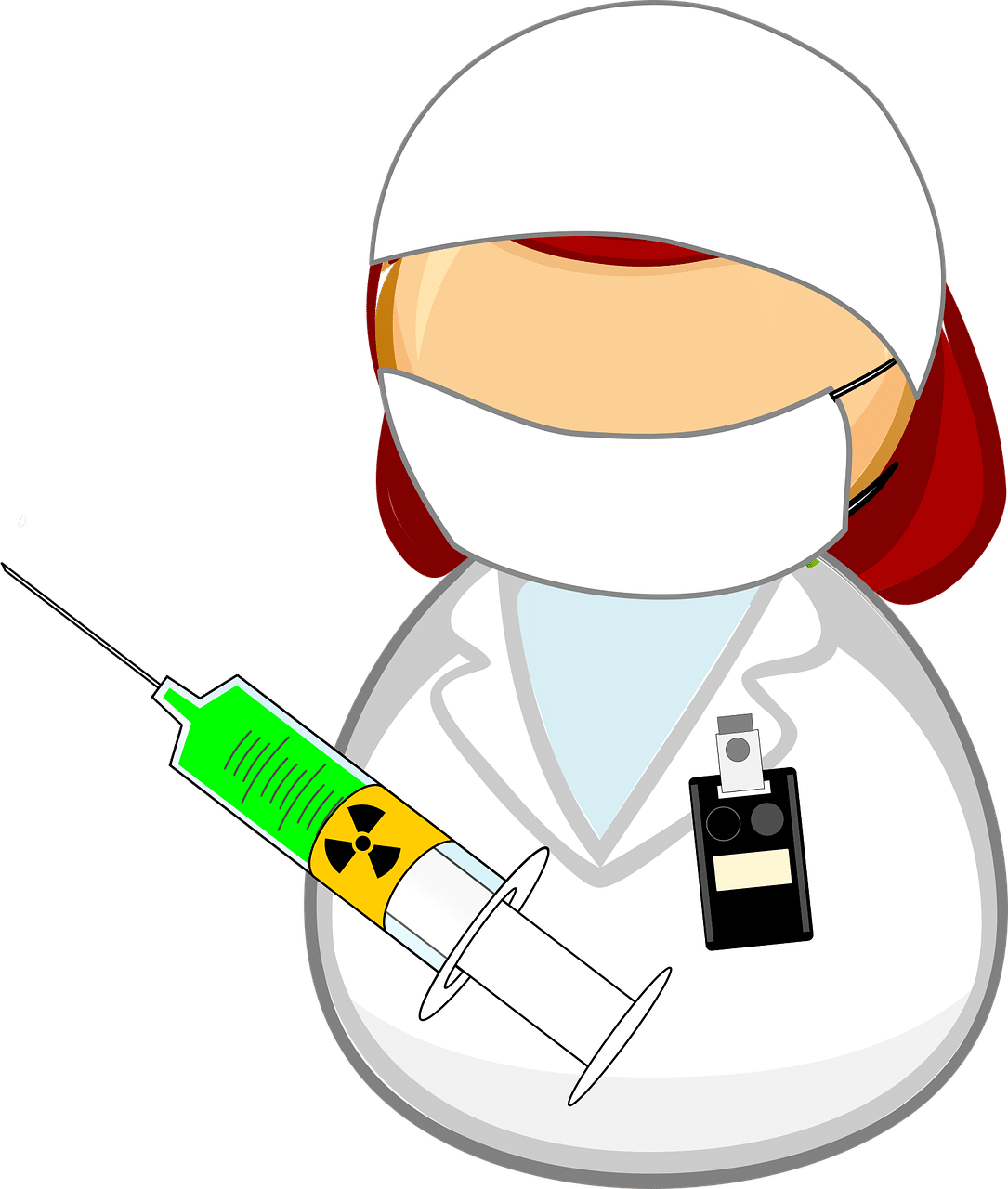 Eine Karikatur einer Forscherin, die eine radioaktive Substanz hält. Dabei ist Radioaktivität nicht ohne Risiken.