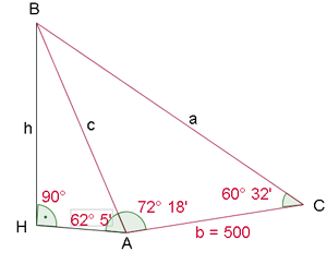 Berechnung der Höhe durch Konstruktion eines rechtwinkligen Dreiecks