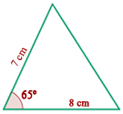 representación gráfica de triangulo semejante con ángulos de 65 grados, lado de 7 centimetros y lado de 8 cm