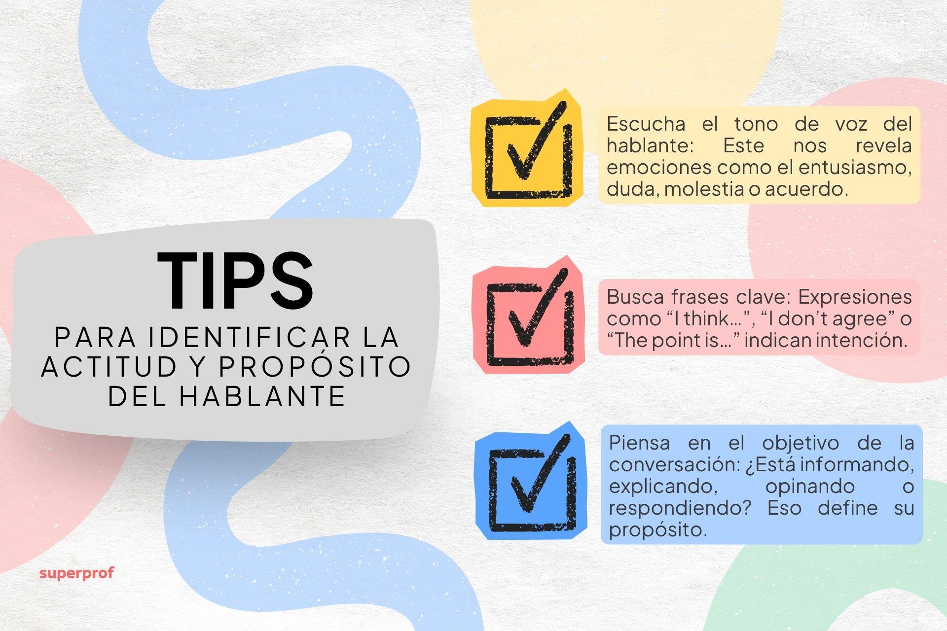 Imagen con el título “TIPS para identificar la actitud y propósito del hablante” y tres consejos: escuchar el tono de voz, buscar frases clave y pensar en el objetivo de la conversación. Fondo con formas color pastel.