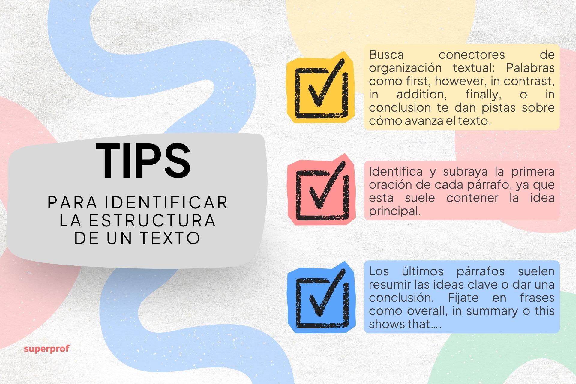 Gráfico con consejos para identificar la estructura de un texto, incluyendo conectores clave, identificación de oraciones temáticas y resumen de conclusiones.