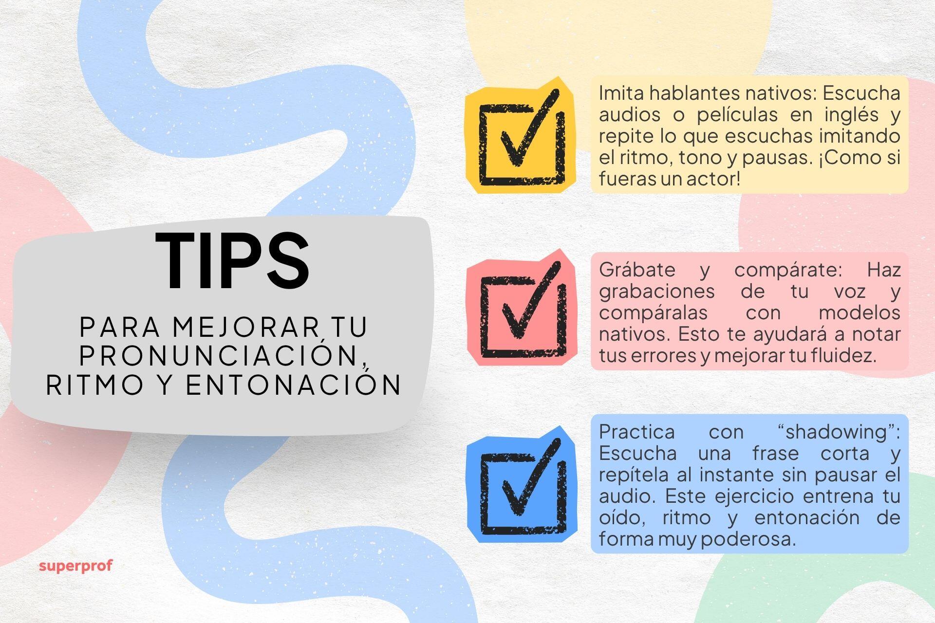 Infografía con consejos en español para mejorar la pronunciación, el ritmo y la entonación en inglés mediante ejercicios de escucha y práctica.