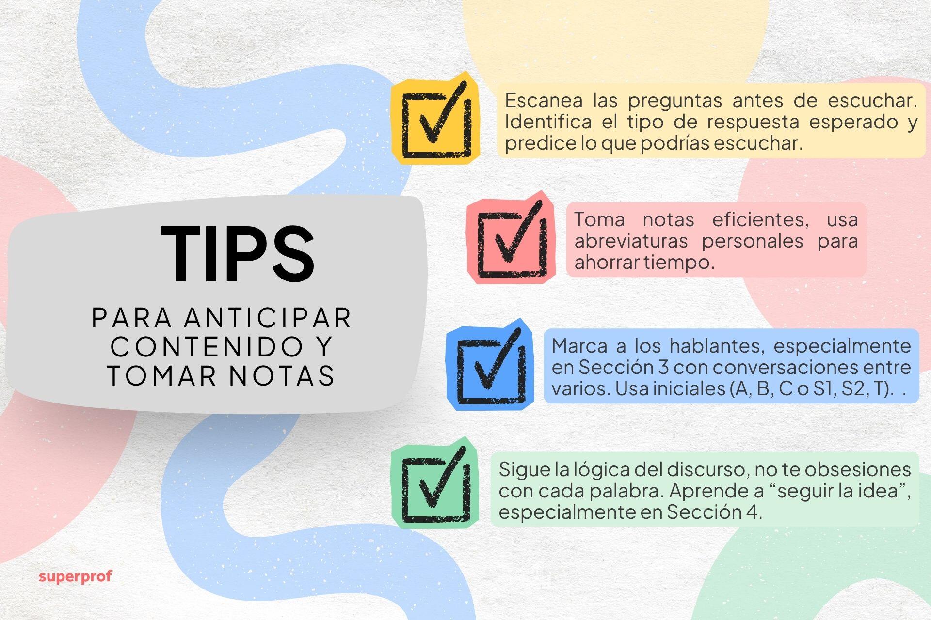 Gráfico con consejos para tomar notas de manera efectiva, incluyendo escanear las preguntas, usar abreviaturas y seguir la lógica del discurso.