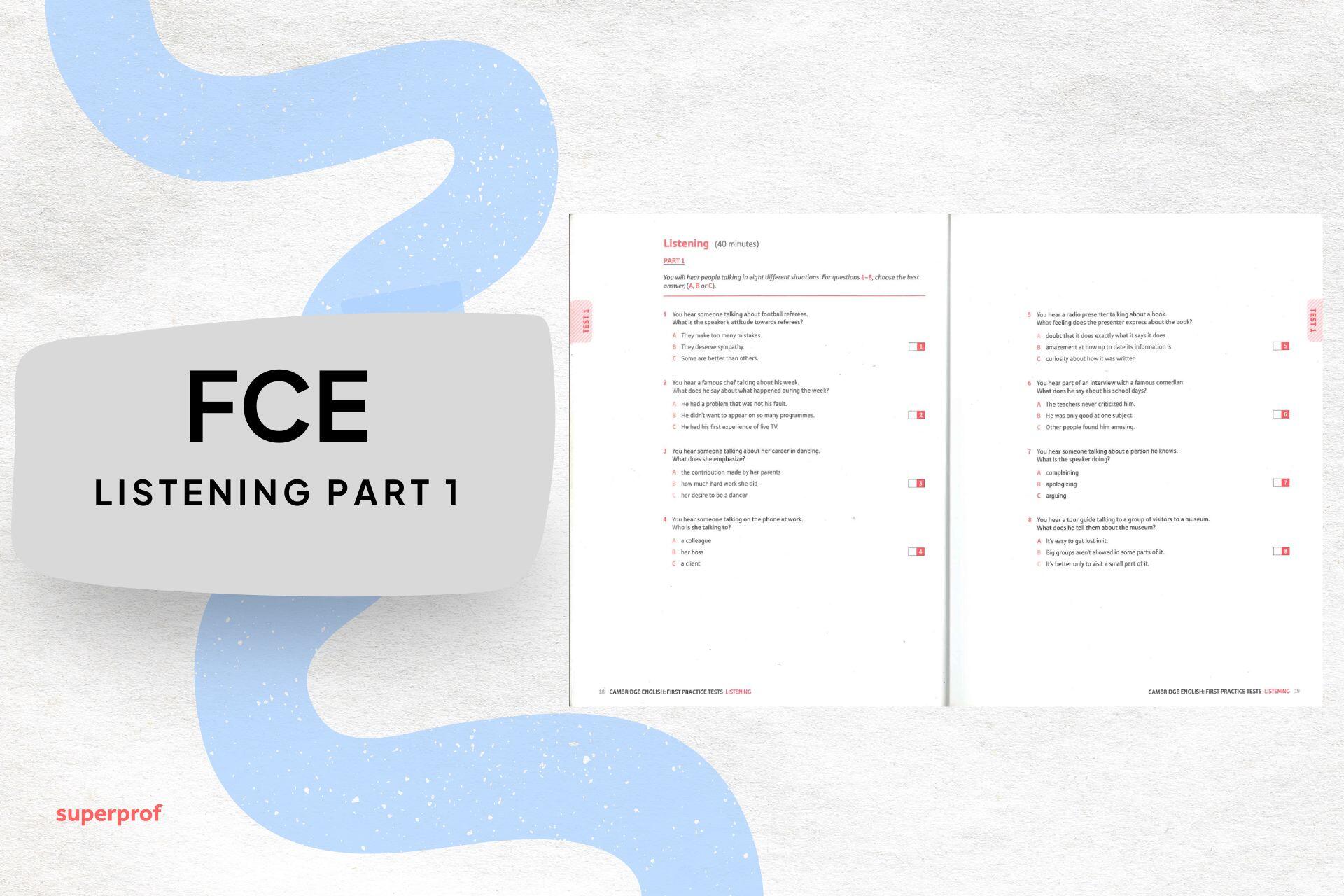 Listening Part 1: Hoja de ejemplo de FCE Listening Part 1 (Multiple Choice) con situaciones breves variadas.