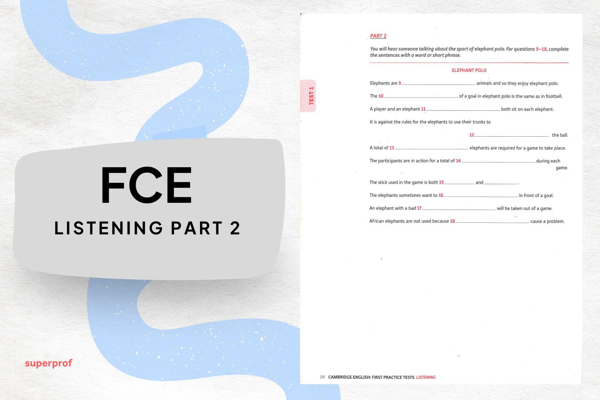 Hoja de ejemplo de FCE Listening Part 2 (Sentence Completion) sobre "Elephant Polo".