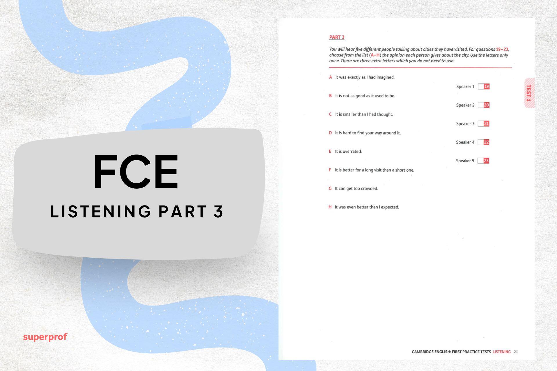 Hoja de ejemplo de FCE Listening Part 3 (Multiple Matching) sobre opiniones de ciudades visitadas.