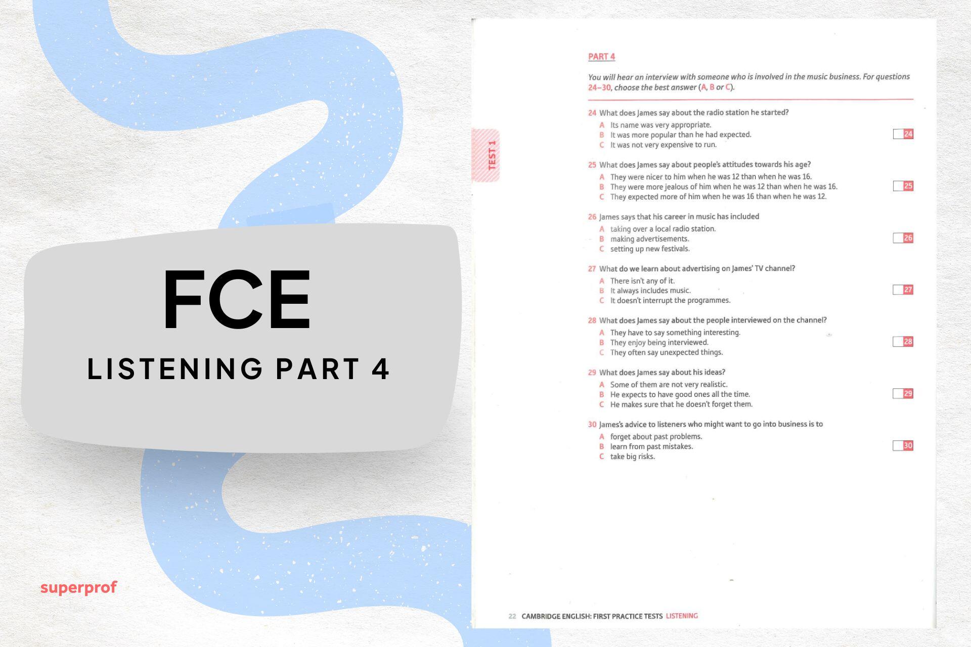 Hoja de ejemplo de FCE Listening Part 4 (Multiple Choice) basada en una entrevista sobre la industria musical.