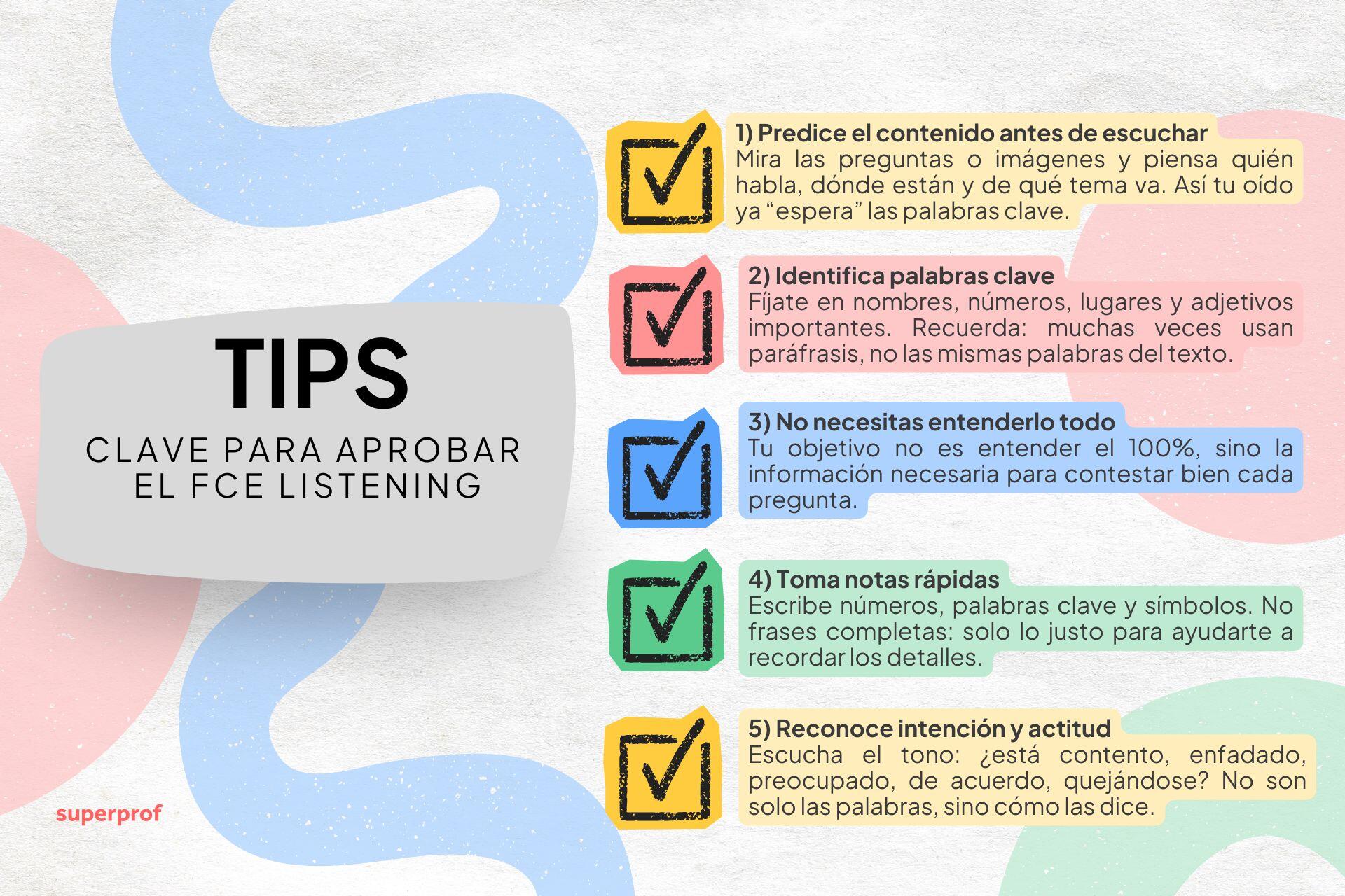 Infografía con cinco consejos de listening para aprobar el examen FCE, con marcas de verificación y secciones de colores que destacan cada consejo.