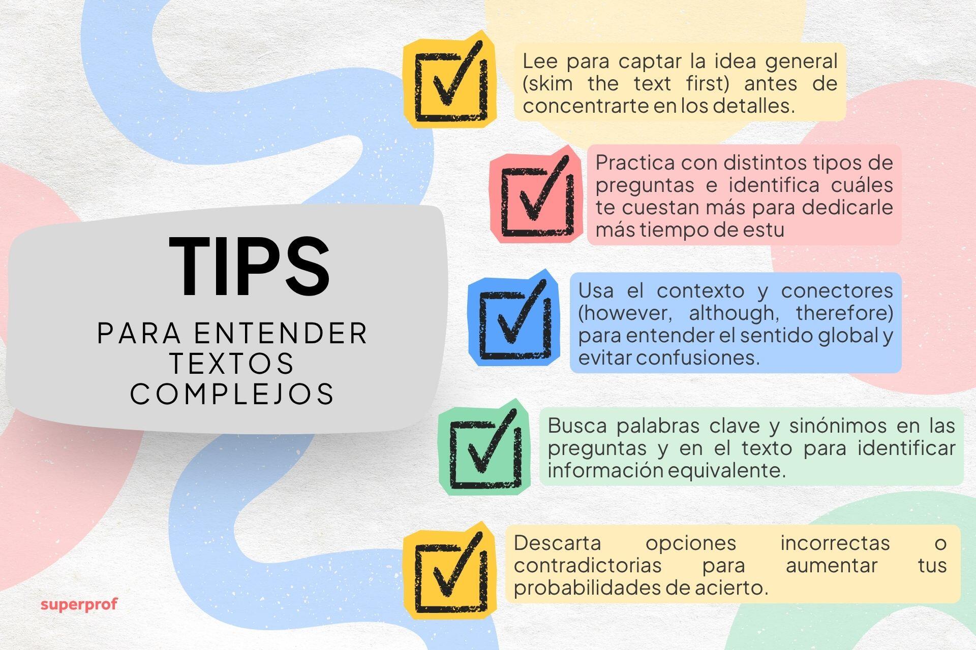 Gráfico colorido con consejos para comprender textos complejos, que incluye una lista de recomendaciones como leer por encima (skimming) y usar pistas del contexto.