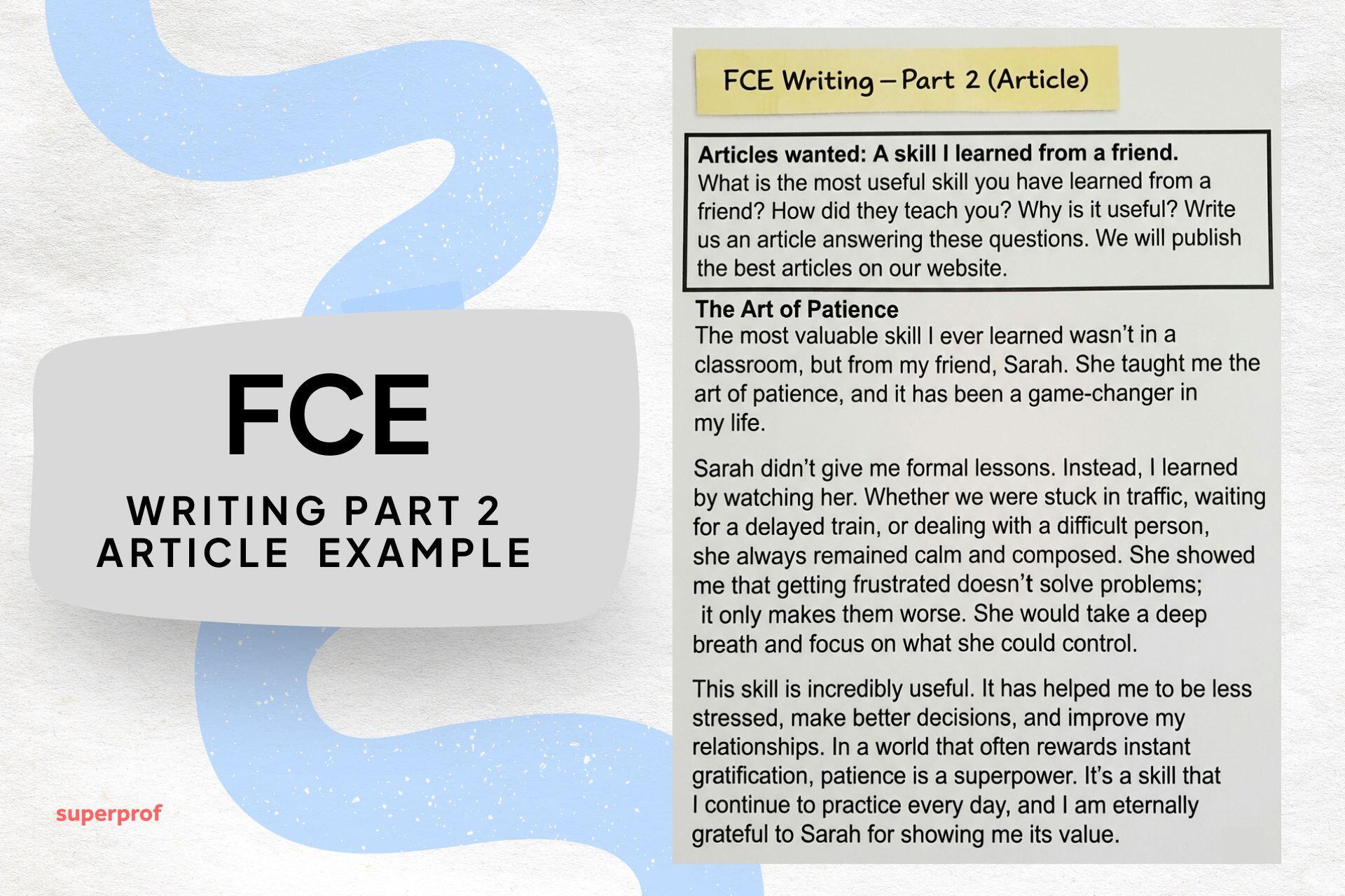 Ejemplo de artículo para FCE Writing Part 2 titulado "The Art of Patience" sobre aprender una habilidad.