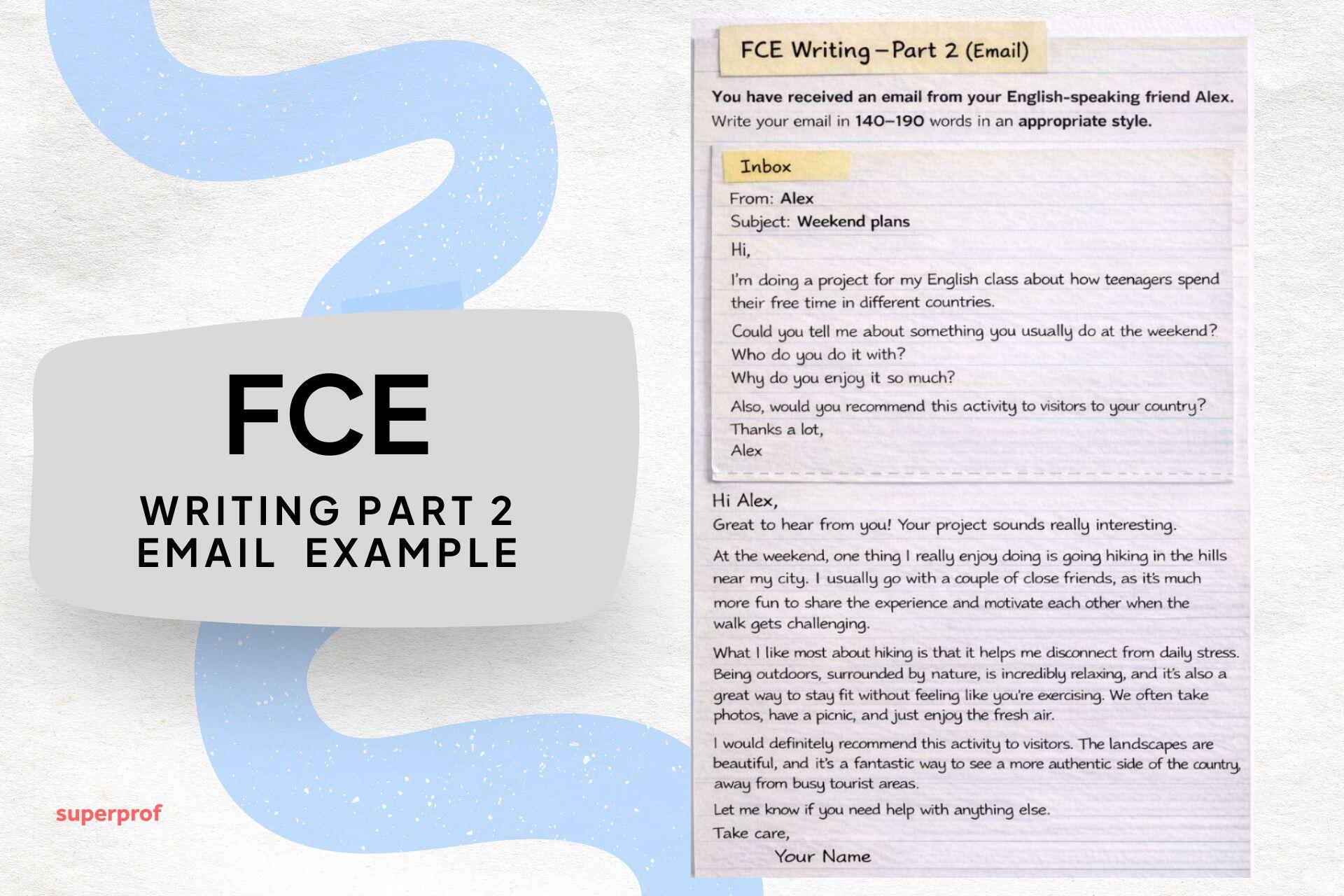Ejemplo de Email informal para FCE Writing Part 2 describiendo planes de fin de semana a un amigo.