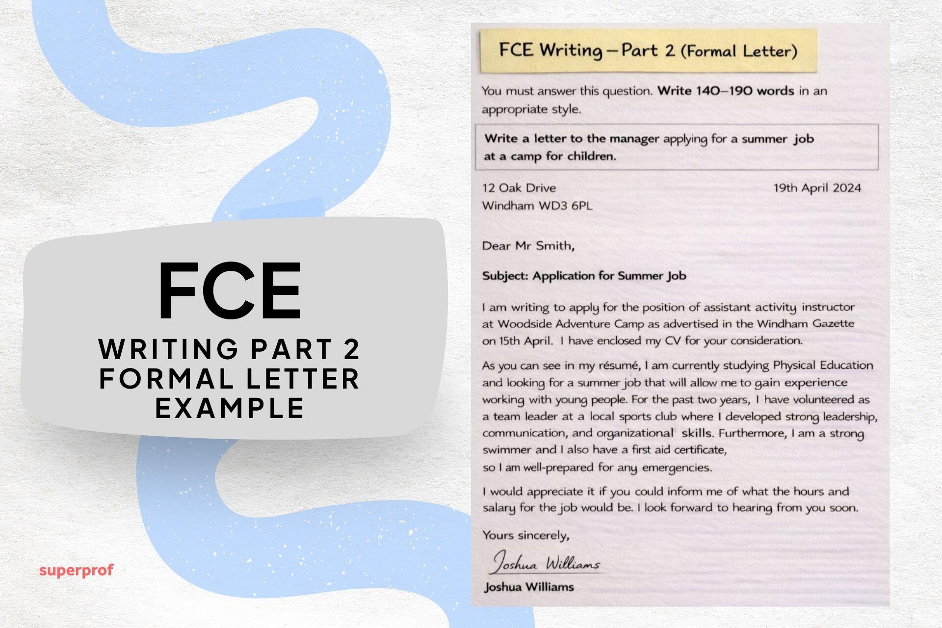 Ejemplo de Carta Formal para FCE Writing Part 2 solicitando un trabajo de verano en un campamento.