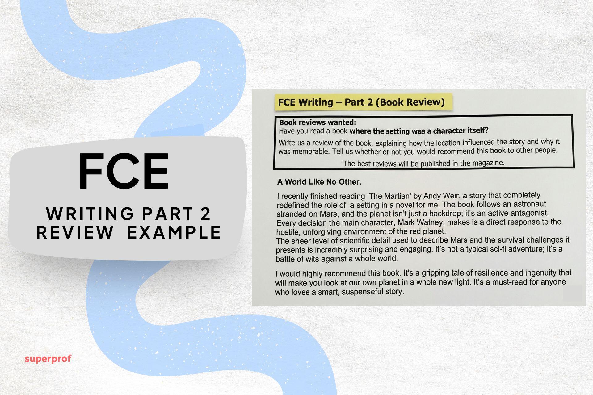 Ejemplo de Review para FCE Writing Part 2 sobre el libro "The Martian" y su ambientación.