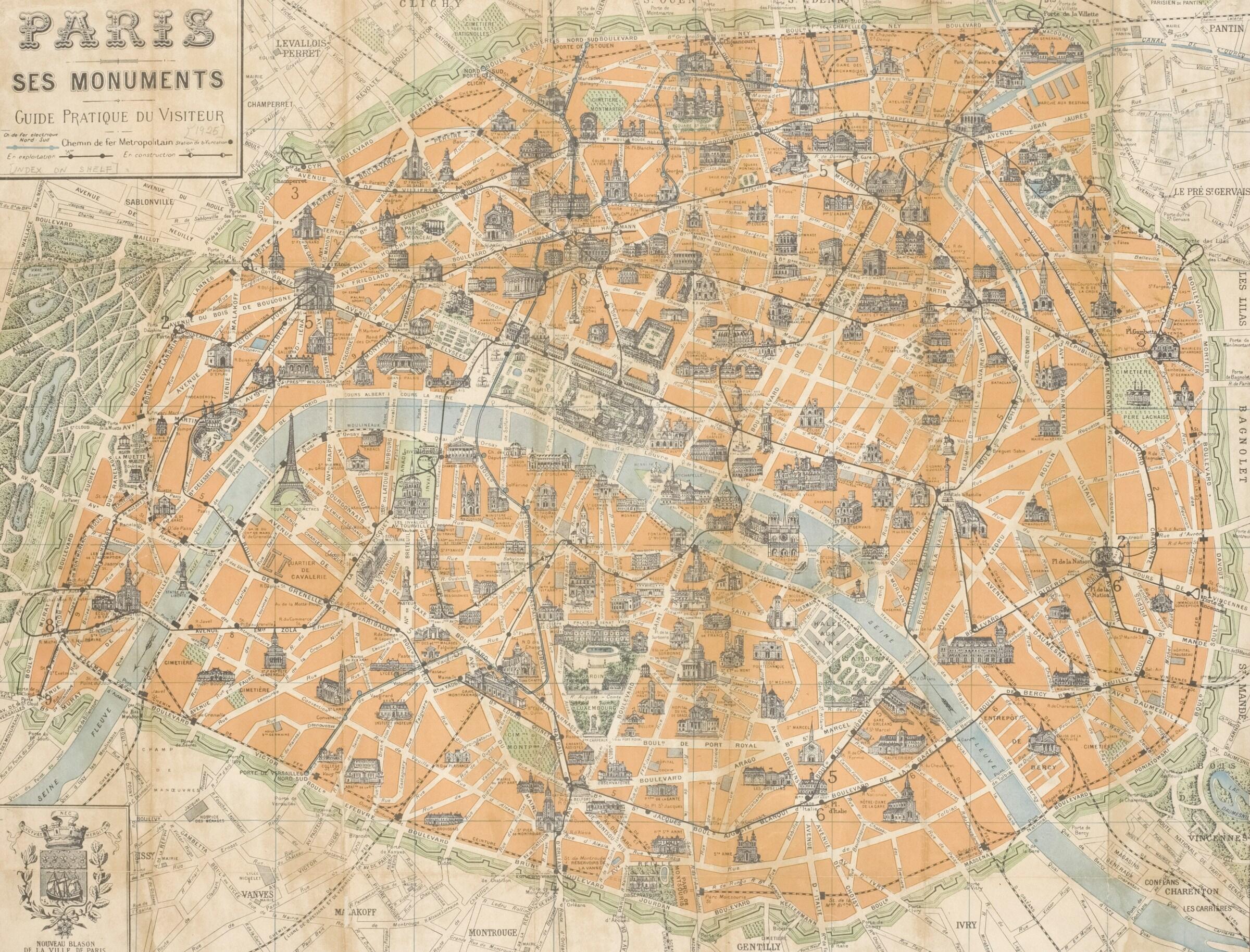 vieille carte de la ville de Paris mettant en avant ses monuments - 1925