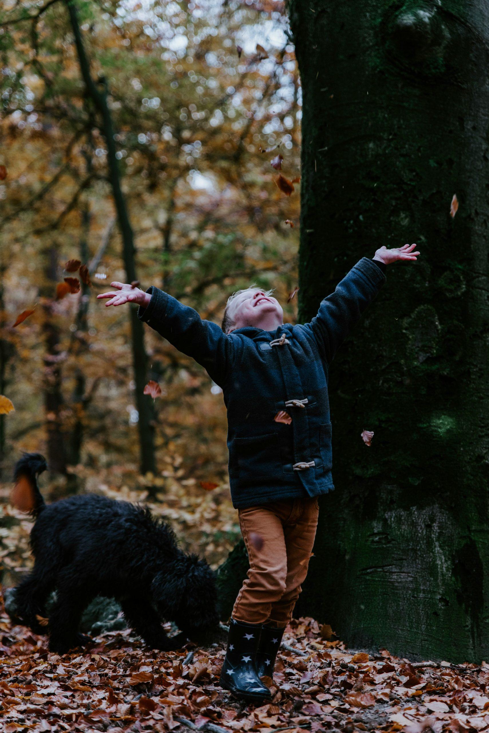 Un enfant exprime sa joie dans la forêt.