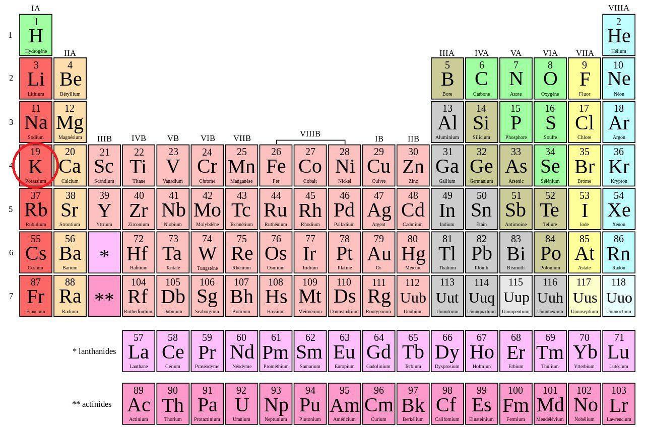 Quelle est la localisation du potassium dans le tableau périodique des éléments ?