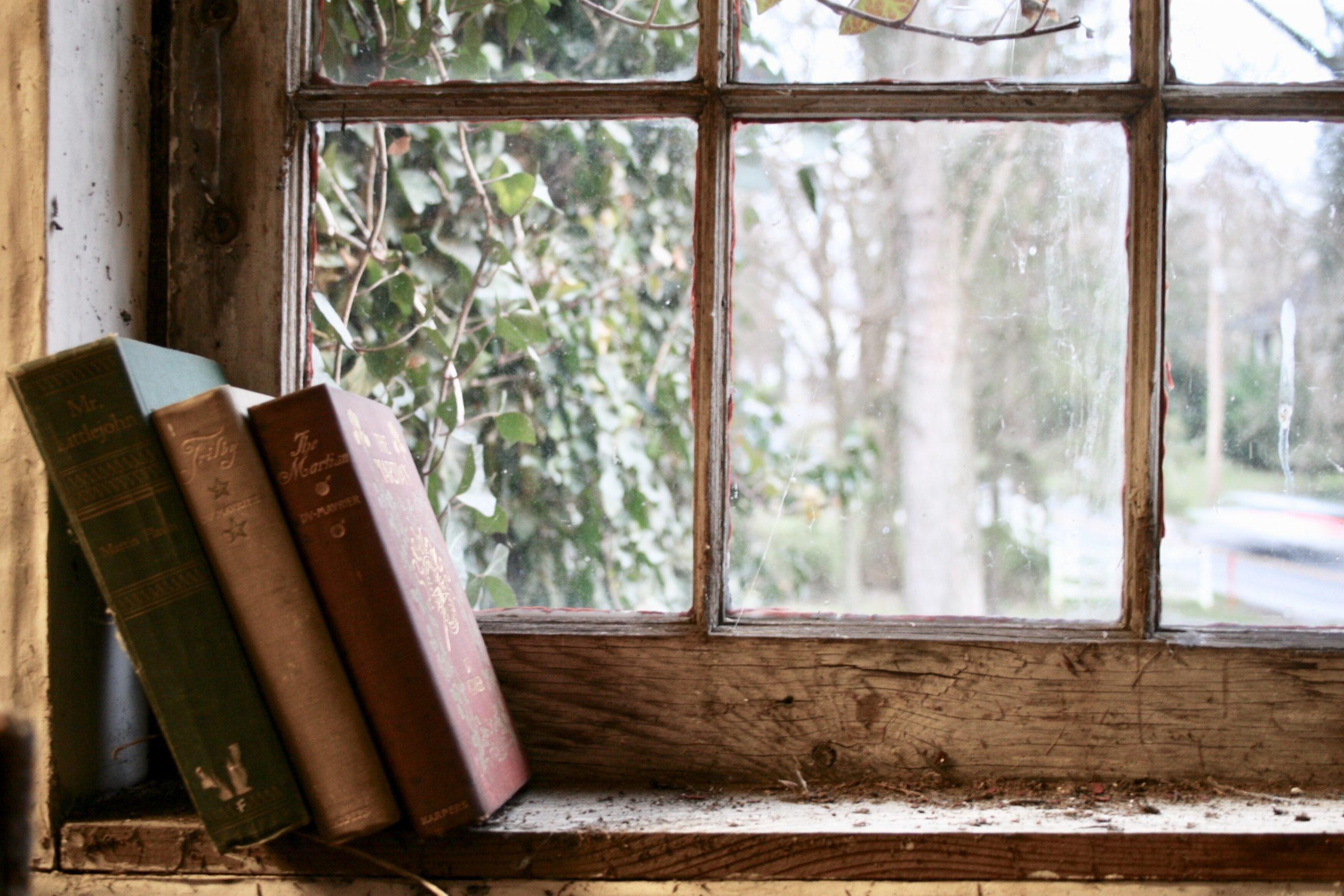 Des livres posés devant une vieille fenêtre.