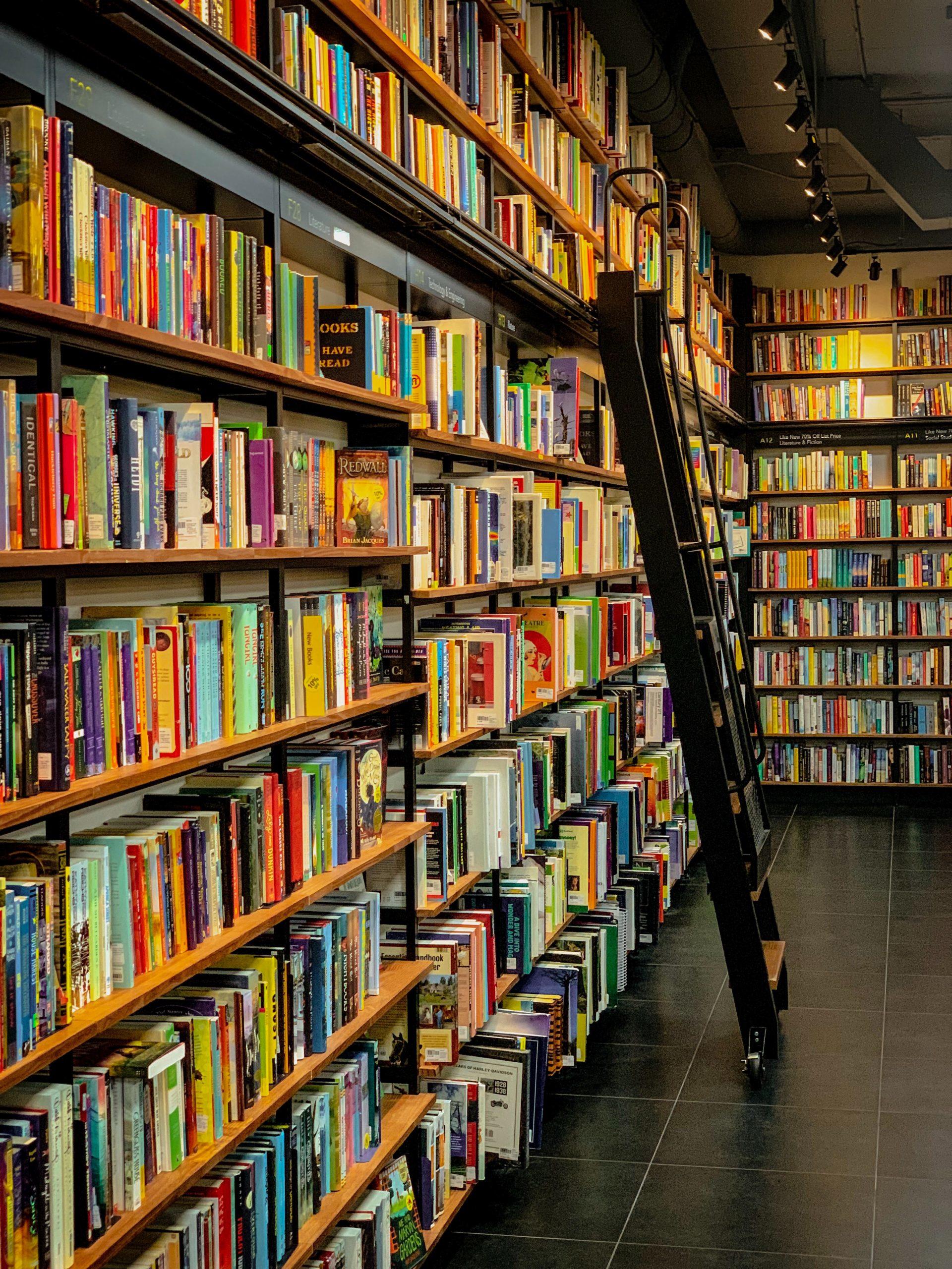 Une librairie avec une échelle en bois.