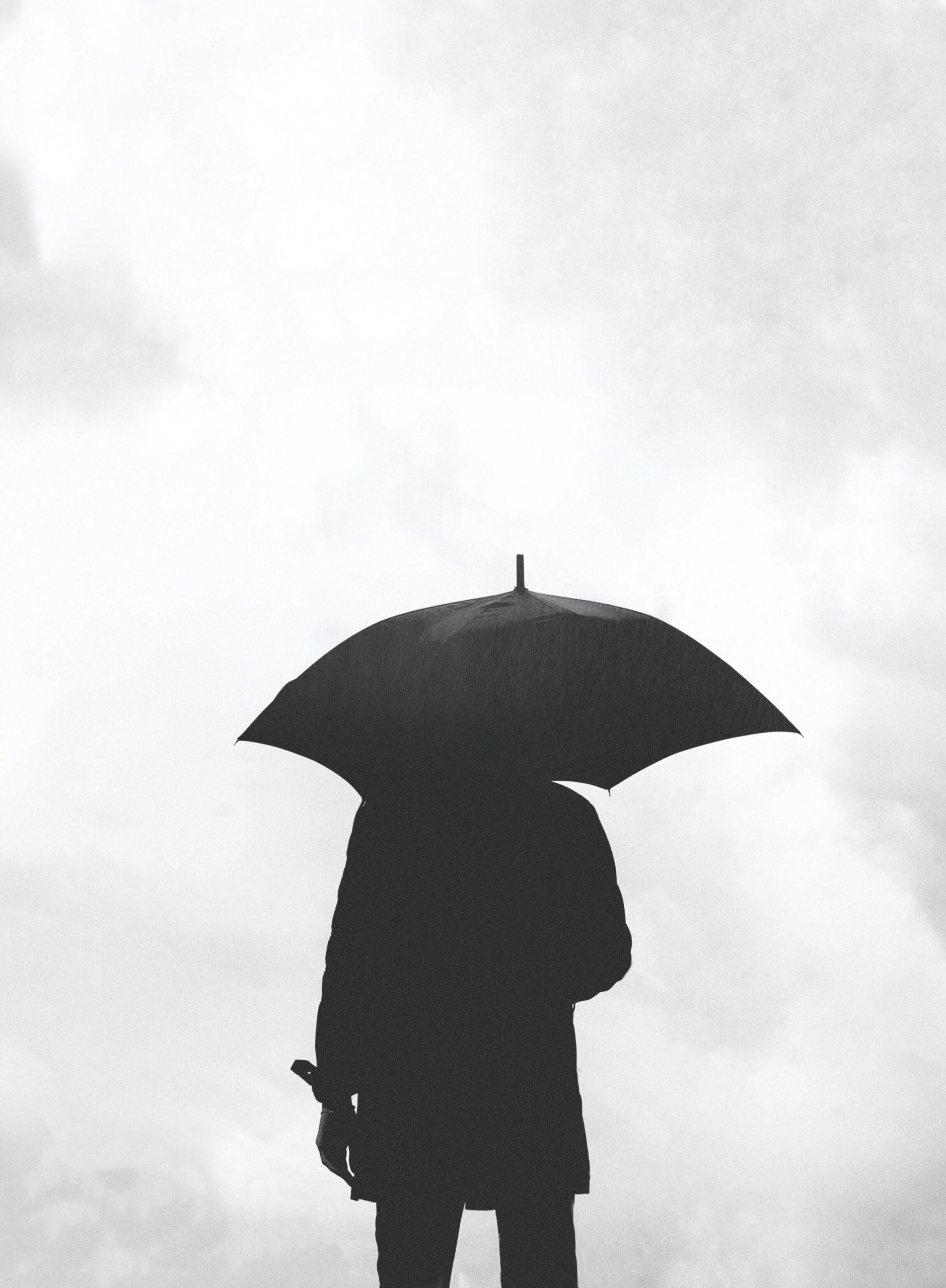 Un homme de dos sous un parapluie.