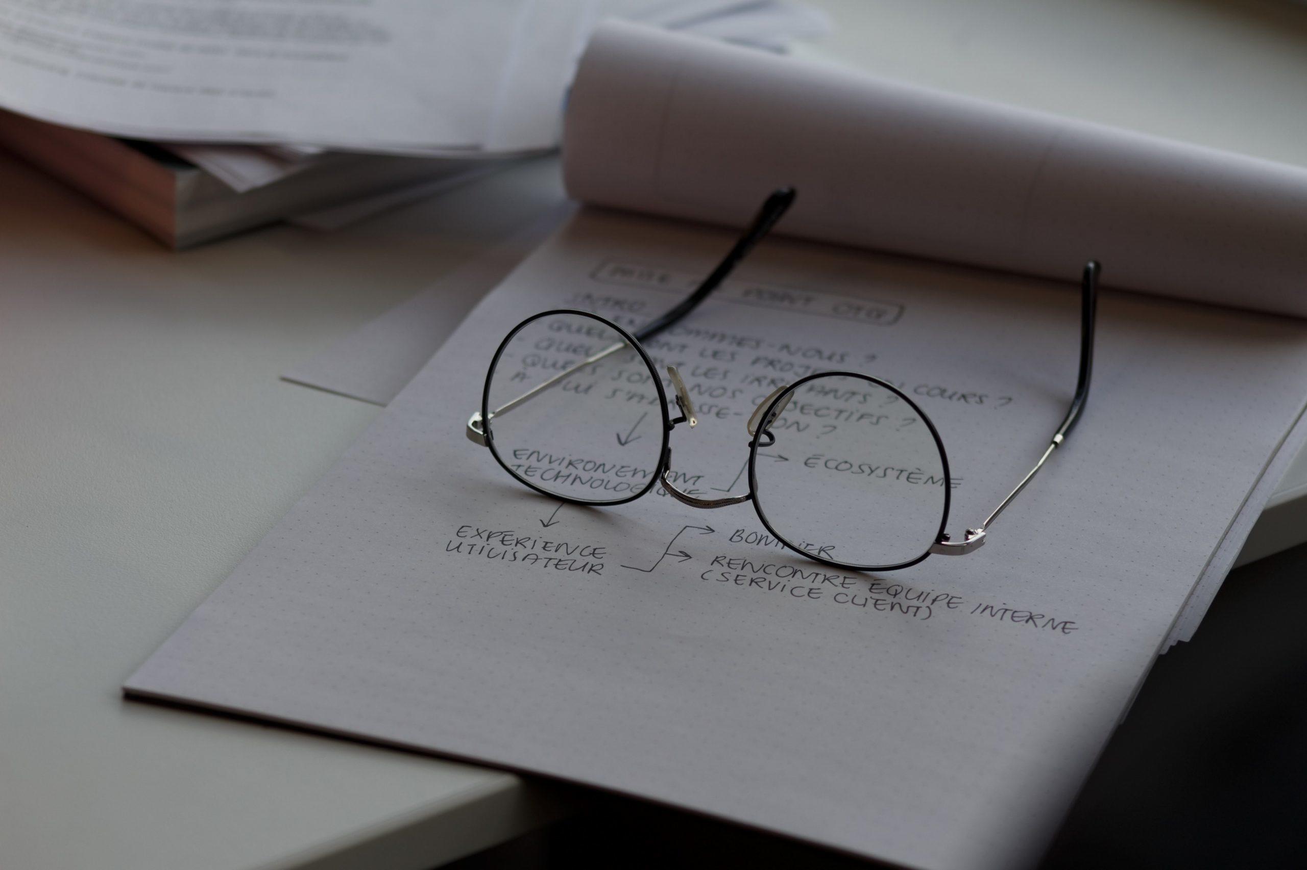 Des lunettes posées sur un cahier de maths.