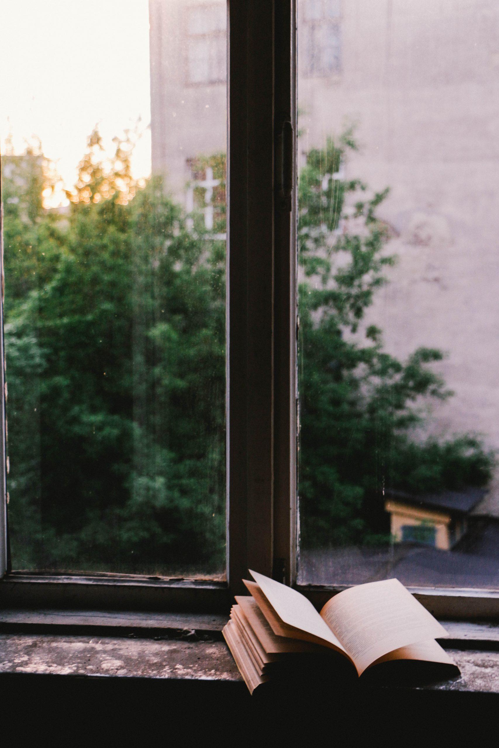 Un livre posé devant une fenêtre.