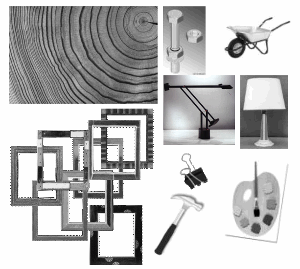 collage de plusieurs objets en bois et metal