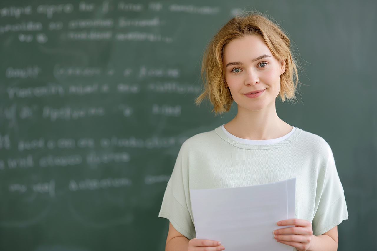 Jeune élève qui fait une présentation orale devant un tableau noir