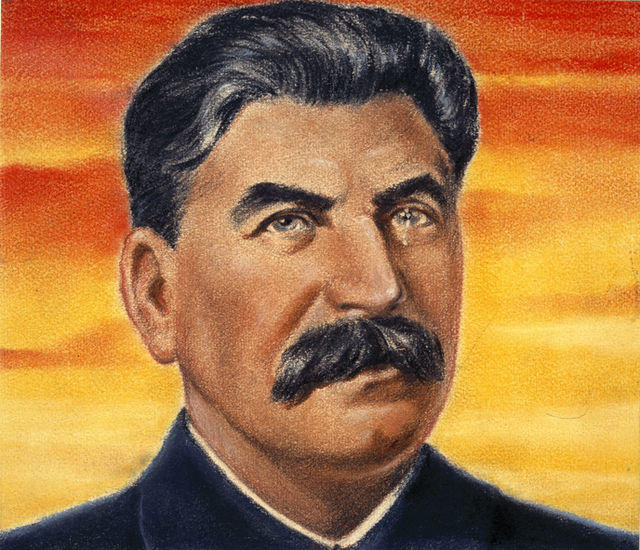 Propaganda image of Stalin with sunset in background