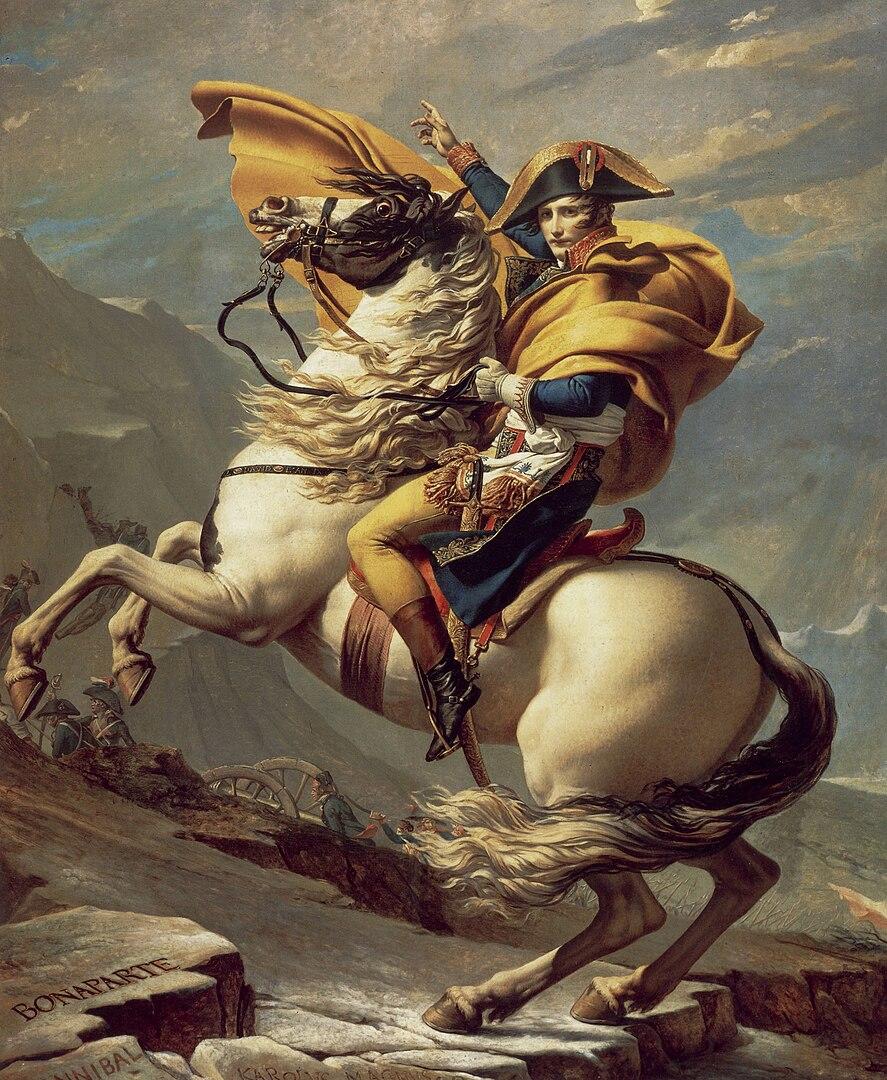 illustration of Napoleon riding on a horse during a battle