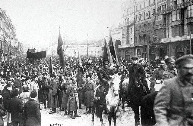 Soldiers parading through the street during the October Revolution in Russia