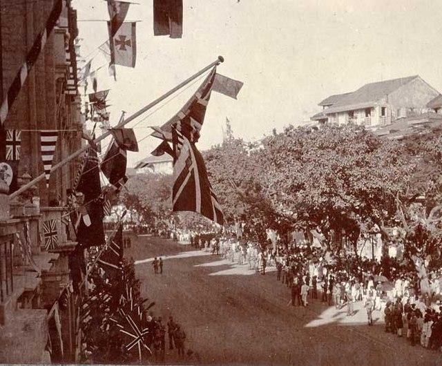 British flags flying in India during the period called the British Raj 