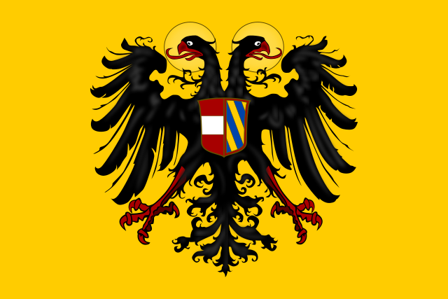 Flag depicting a two headed eagle on yellow background