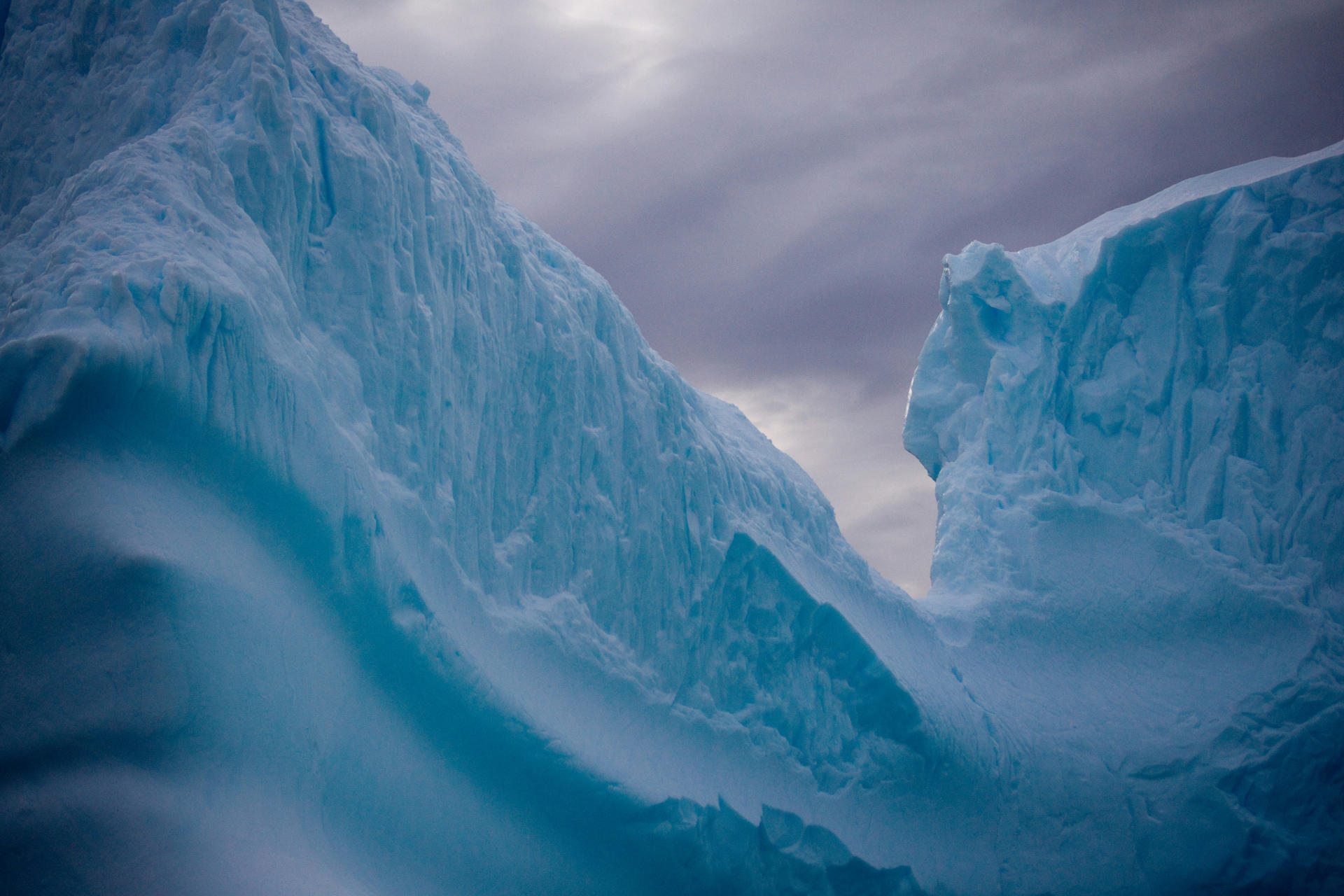 blue glaciers in front of a grey sky