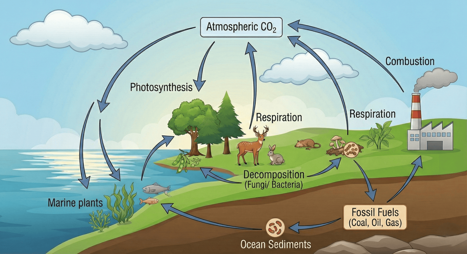 Illustration for the carbon cycle showing processes of photosynthesis, respiration, decomposition and combustion