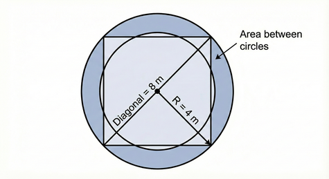 labelled diagram with a square both circumscribed and inscribed by two circles