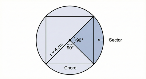 labelled circle containing square forming a chord at 90degrees forming sector