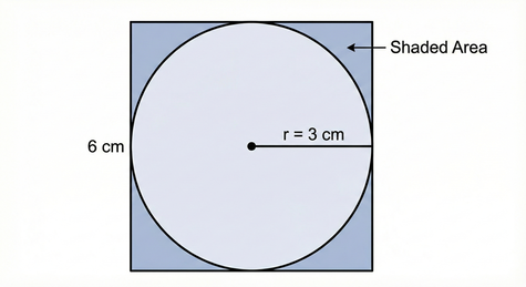 labelled circle inscribed within a square with radius 3cm