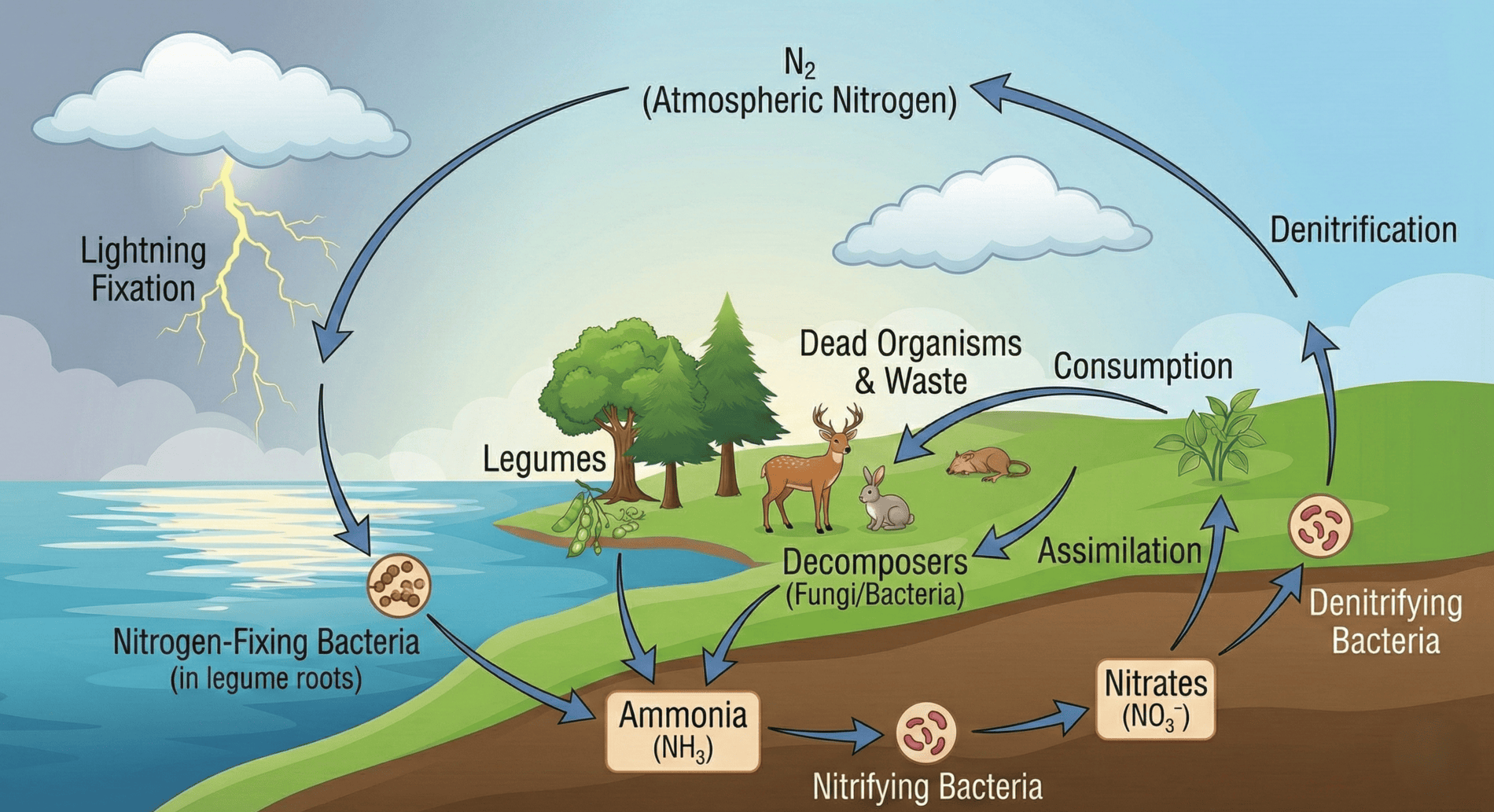 Illustration of the nitrogen cycle highlighting nitrogen fixation and assimilation via the bacteria chain