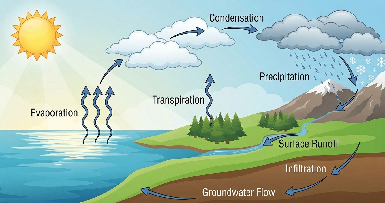 Illustration of the water cycle showing evaporation by the sun and rainfall transfer into surface runoff and groundwater flow