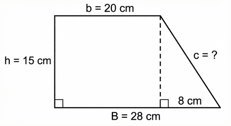 black and white trapezoid with length labels except hypotenuse