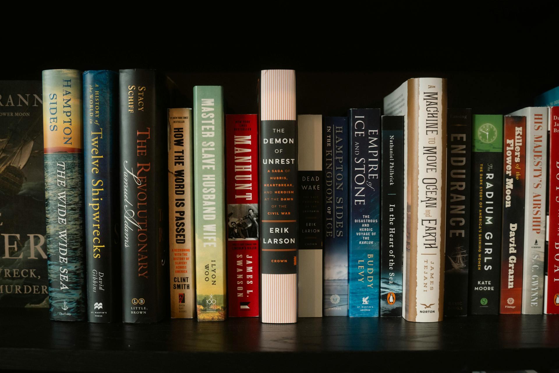 Image of books on a black book case 
