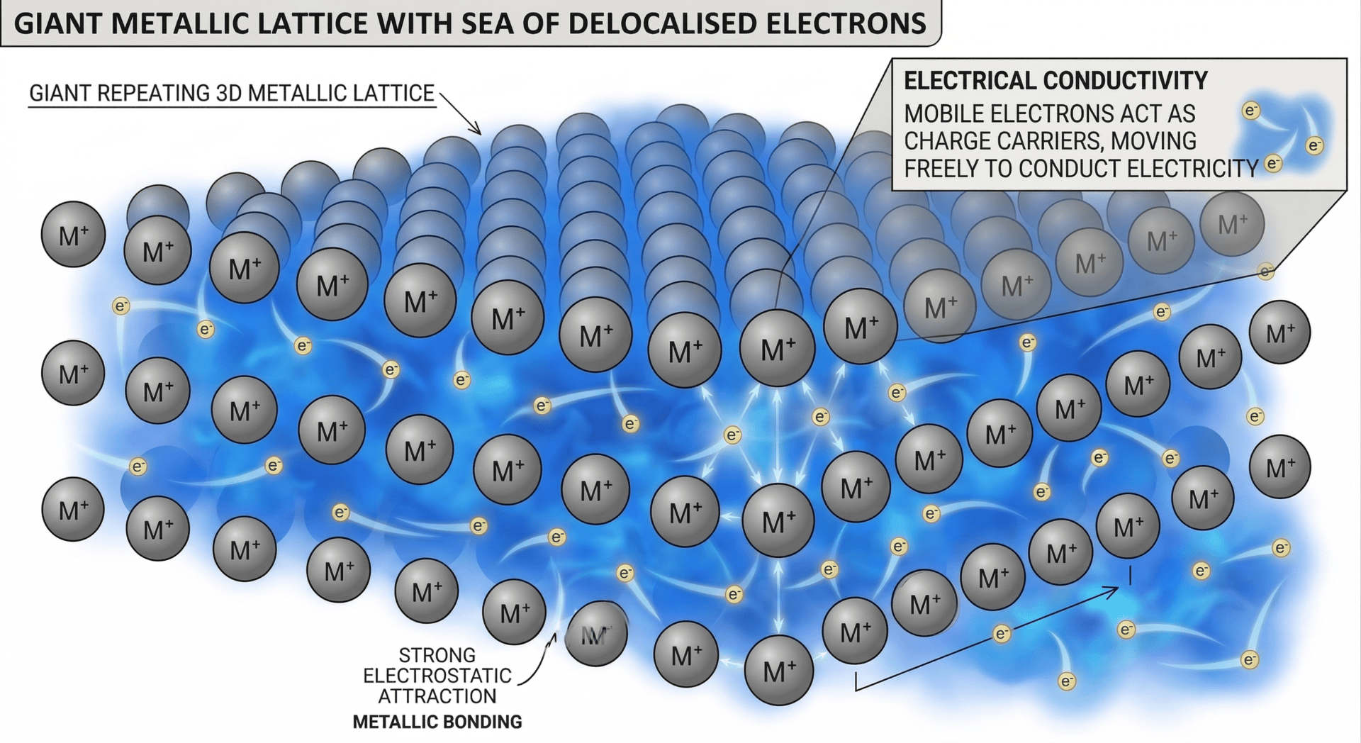 Diagram of a giant metallic lattice illustrating cations surrounded by a sea of delocalised electrons