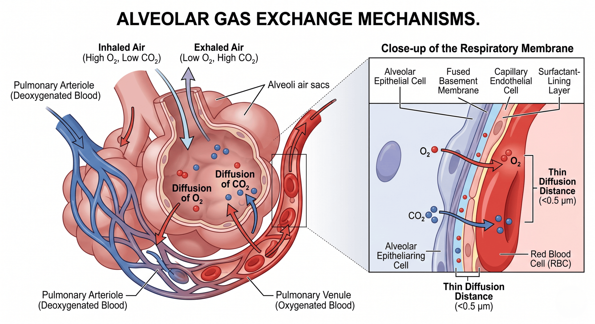 Diagram of alveolar gas exchange mechanism