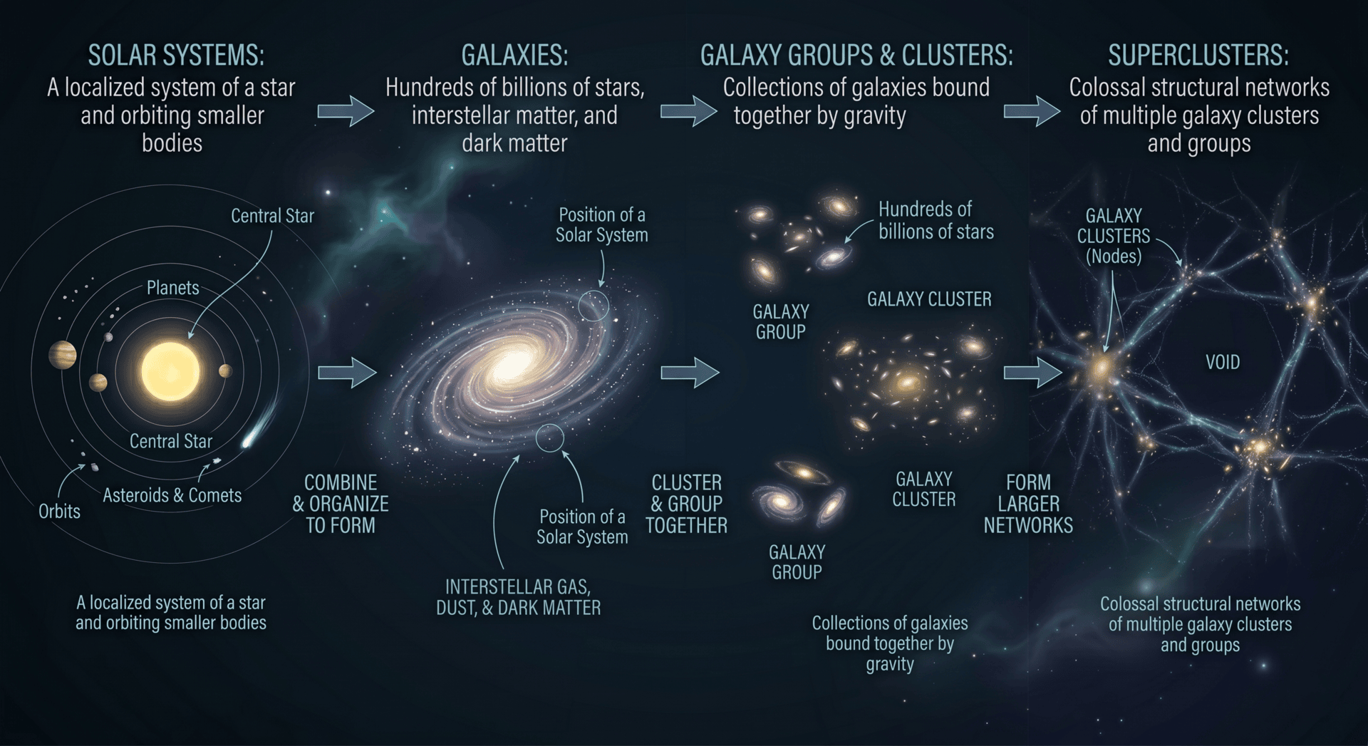 Illustration of the cosmic hierarchy of the universe: solar systems, galaxies, galaxy groups and superclusters